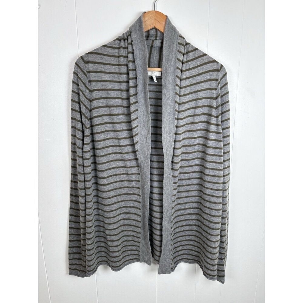 Joie Small Striped Gray Olive Wool Cashmere Blend‎ Open Front Cardigan Sweater